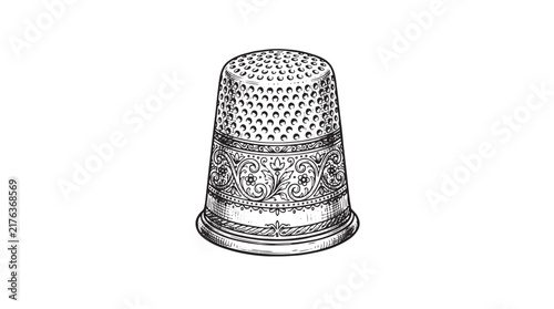 Foto Vintage thimble vector illustration, antique metal sewing tool with floral engra