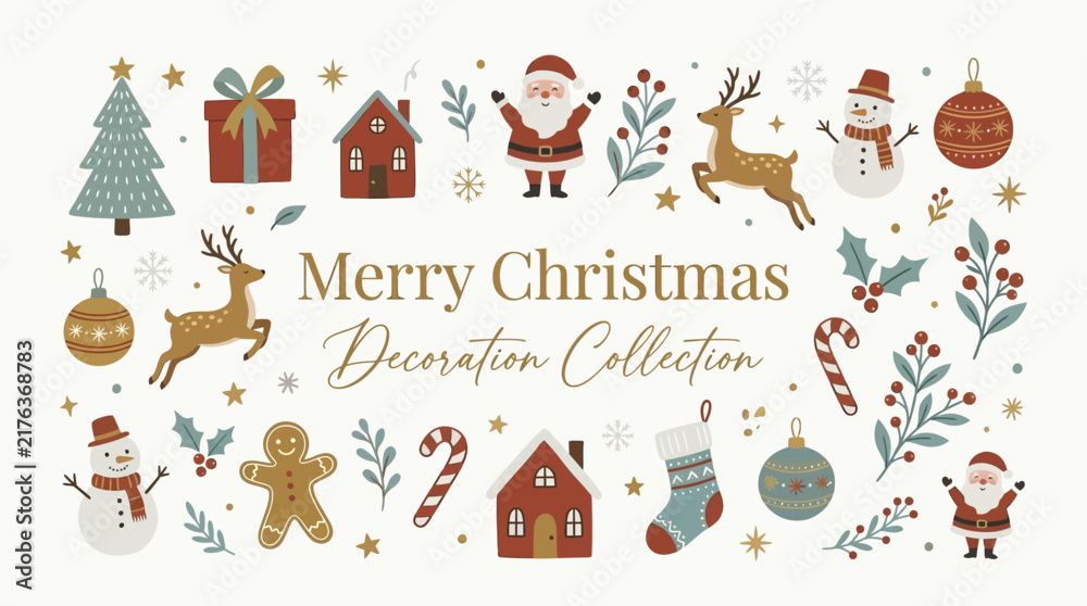 Fototapeta premium Vintage Merry Christmas decoration collection. Festive holiday vector set with Santa, reindeer, and snowman. Rustic winter icons.