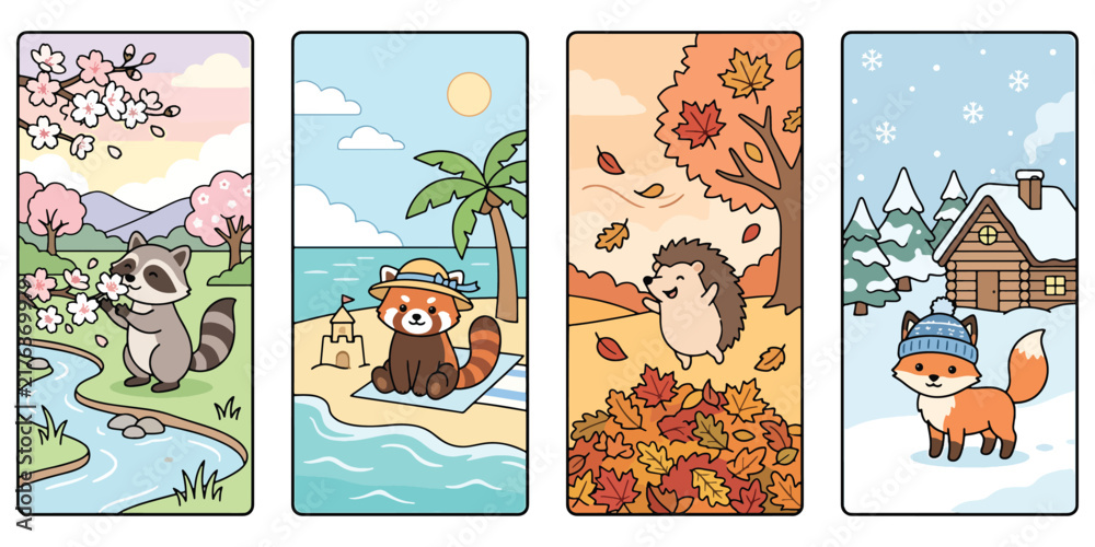 Fototapeta premium Set of four flat design banners showing seasonal scenes with cute animals in natural environments.