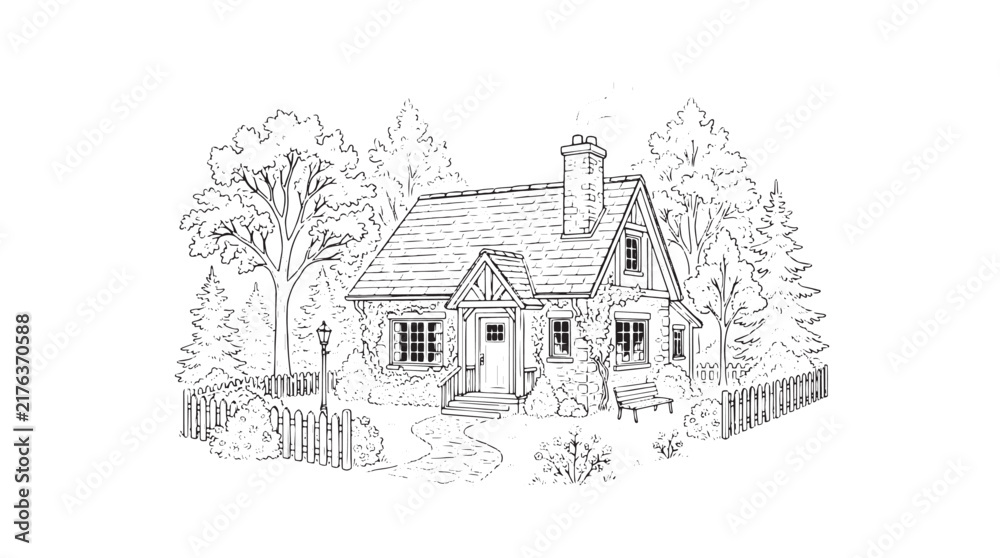 Fototapeta premium Vintage cottage line art illustration, rustic country house sketch with trees and fence, hand drawn architectural home vector
