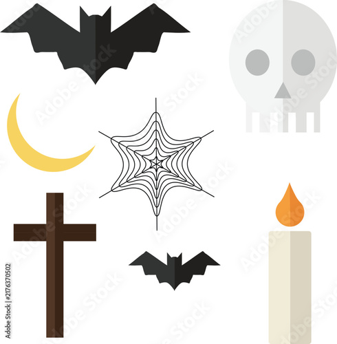 Halloween spooky symbols flat vector illustration with bat, skull, moon, cross, spider web, candle, horror, night, mystery, seasonal art, graphic element, October celebration, creepy mood