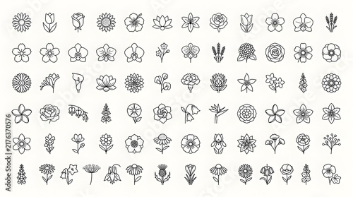 Minimalist floral pattern grid with many small line art flower icons for seamless design