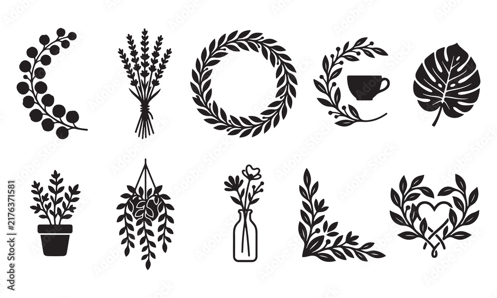Obraz premium Set of black and white botanical featuring floral wreaths, lavender bouquets, monstera leaves, potted plants, hanging vines, glass vases, and decorative leaf corner