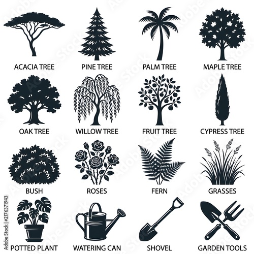 Gardening and plant icon set collection with trees, potted plants and garden tools vector