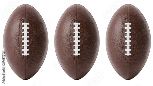 Three brown leather American footballs with white laces arranged in a row