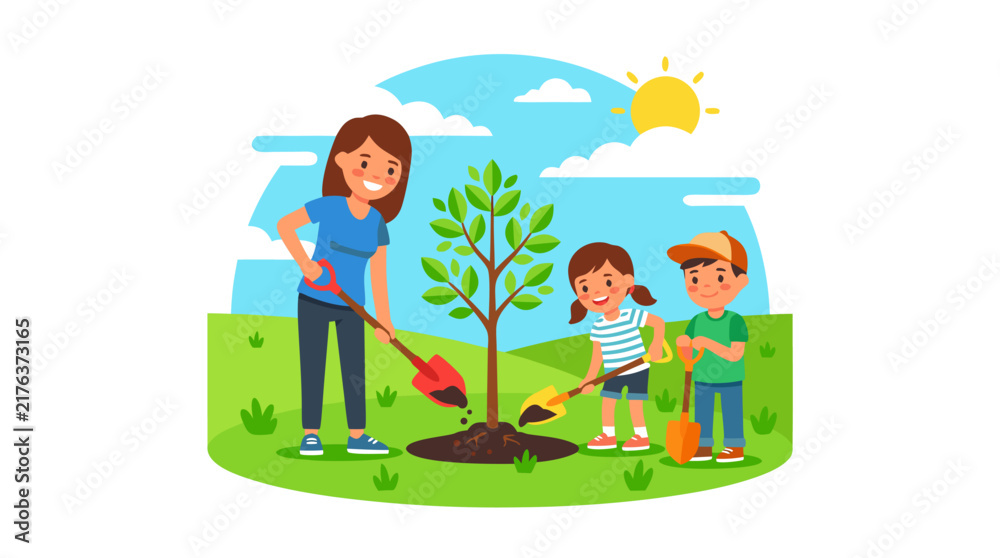 Fototapeta premium Happy mother and two children planting a young sapling tree together in a sunny green field, holding colorful shovels, flat vector illustration, family gardening, environmental conservation concept