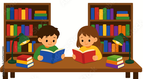 Two cute children reading colorful books together at wooden library table with green desk lamps and tall bookshelves filled with vibrant books, education and childhood learning vector illustration