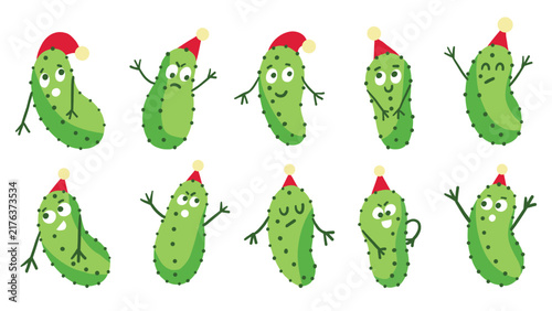Christmas Pickle Character Set with Cute Gherkins Wearing Santa Hats in Various Poses on White Background