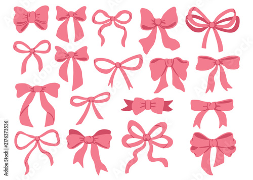 Pink Ribbon Bows Collection with Various Elegant Shapes and Knots Isolated on White Background