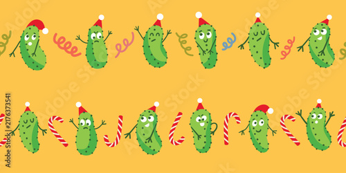 Christmas Pickle Seamless Border Pattern with Cute Gherkins, Candy Canes, and Streamers on Yellow Background
