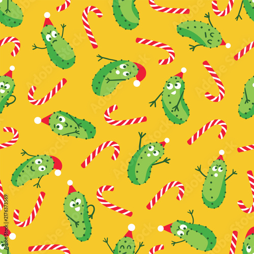 Christmas Pickle Seamless Pattern with Candy Canes and Cute Gherkin Characters on Yellow Background
