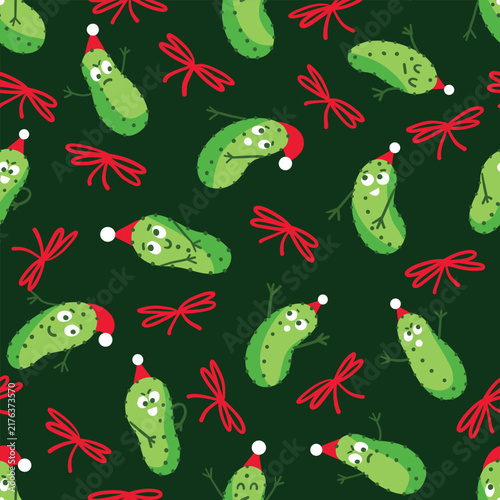 Christmas Pickle Seamless Pattern with Cute Gherkin Characters in Santa Hats and Red Bows