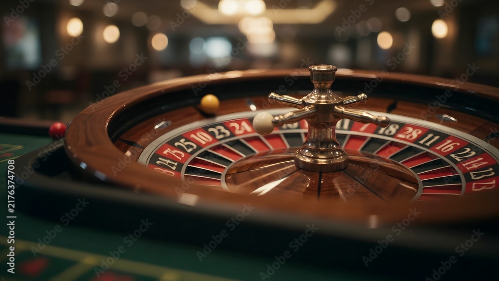 Obraz premium Close-up of roulette wheel with ball in casino setting, gaming chance, luck, gambling, nightlife atmosphere, table game, casino interior, spinning game