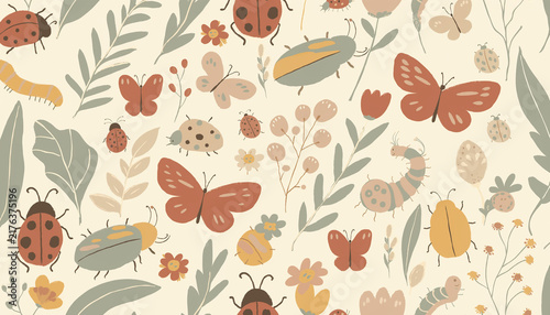 Seamless Hand-Drawn Insect and Floral Pattern in Muted Earthy Tones
