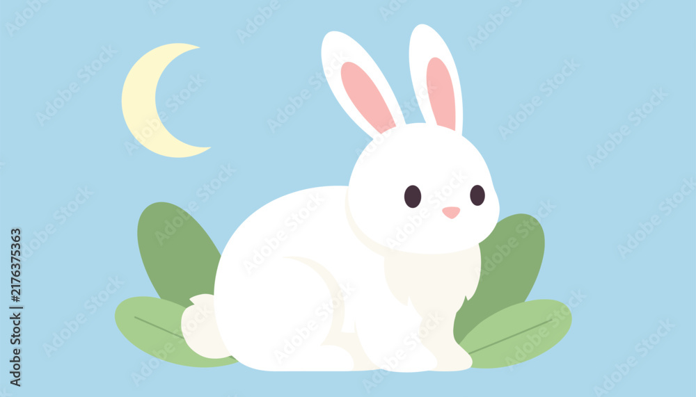 Obraz premium Adorable fluffy white rabbit sitting peacefully on green leaves under a golden crescent moon in a night sky.