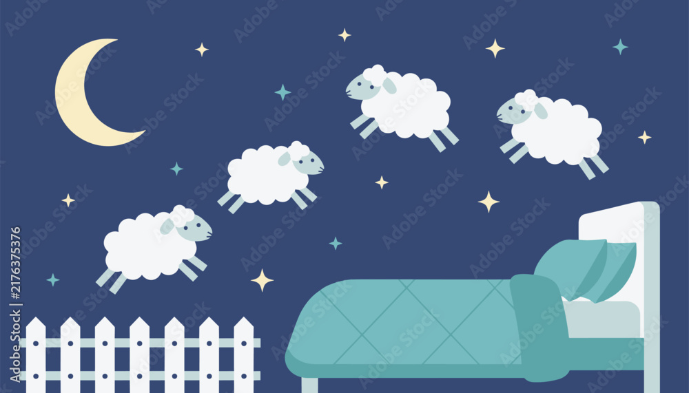 Naklejka premium Dreamy night scene of a cozy bed with cute fluffy sheep jumping over a fence under a crescent moon for deep sleep.
