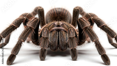 Detailed front view of a large brown hairy tarantula spider isolated on white background