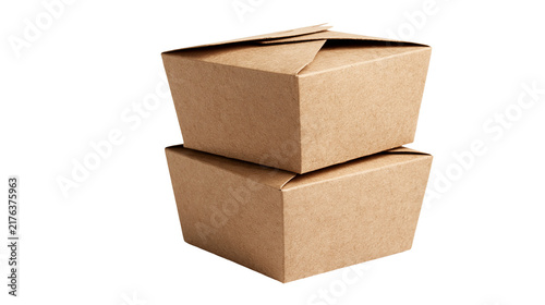 Stacked brown kraft paper food takeaway containers with folded lids