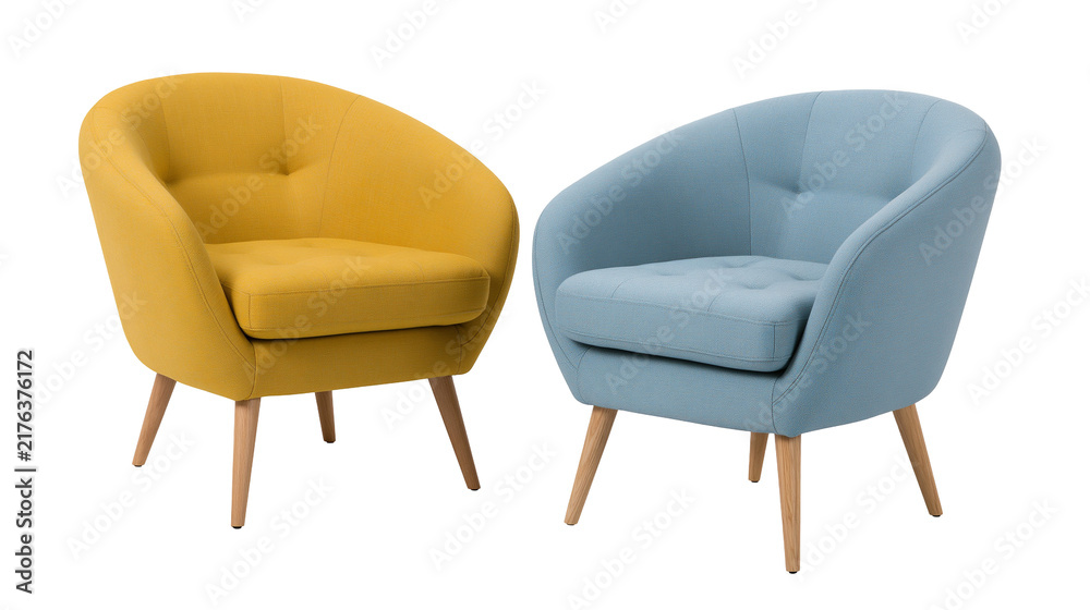 Obraz premium Yellow and blue mid-century modern upholstered armchairs with wooden legs