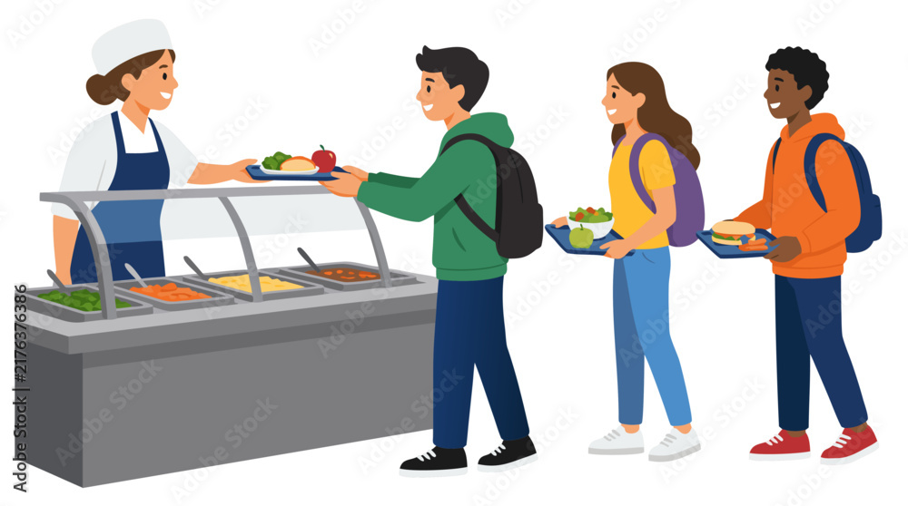 Fototapeta premium Students picking up food trays at school cafeteria serving counter from cook in white hat, flat color vector illustration on white background - professional high detailed commercial stock imagery