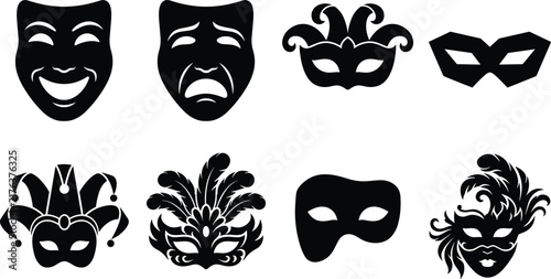 Set of black silhouette theater and masquerade mask vector icons on a white background