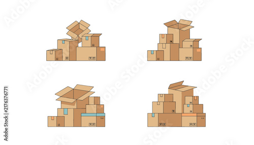Stacked cardboard boxes in various configurations show different piles of packing materials for moving and shipping.