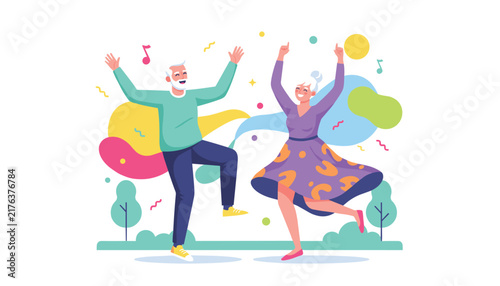Happy senior couple dancing and laughing together in a park surrounded by music notes and abstract shapes.