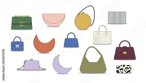 Selection of women fashion handbags and purses displays a wide variety of trendy shapes, colors, and designs.