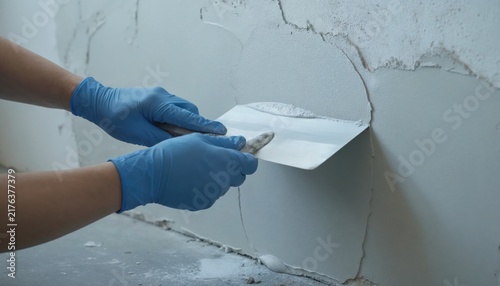 Plakat w ramie Worker scraping peeling paint from damaged wall surface