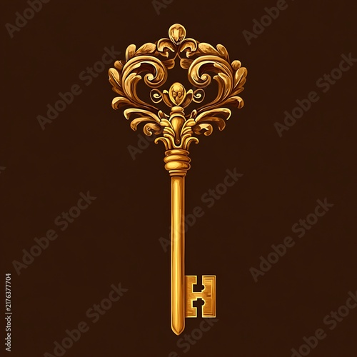 Ornate gold-colored metal key with intricate floral gold key