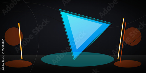 Obraz na plátně Blue glowing triangle floating above a dark circular platform on transparent bac