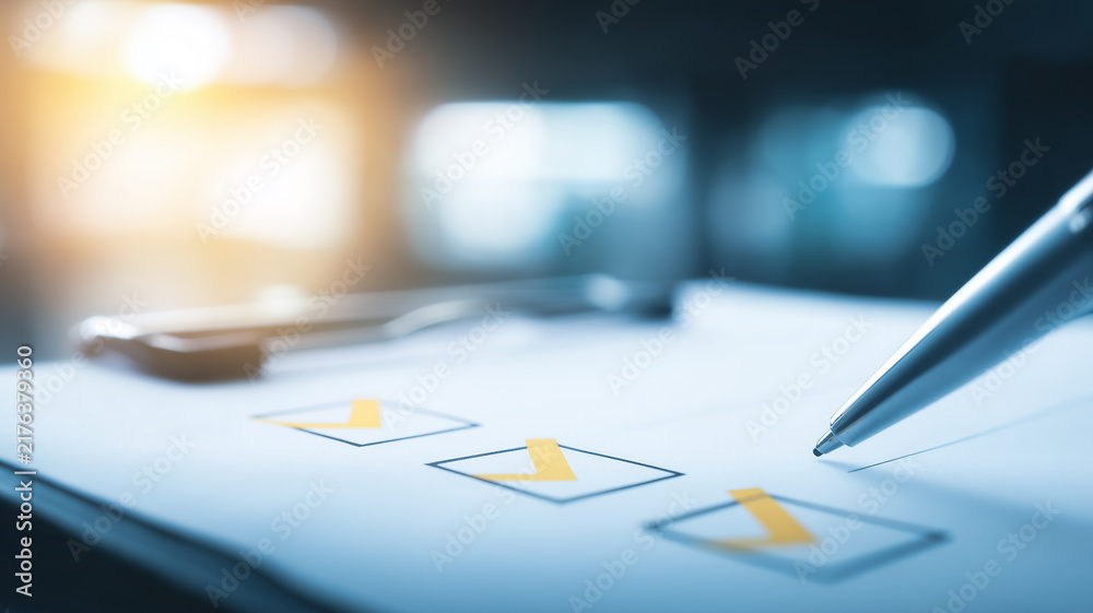 Obraz premium Pen beside completed checkboxes on a document represents audit review and structured compliance verification. 