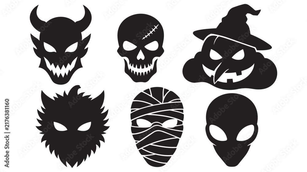 Fototapeta premium Six black Halloween-themed silhouette masks with devil, skull, and witch designs