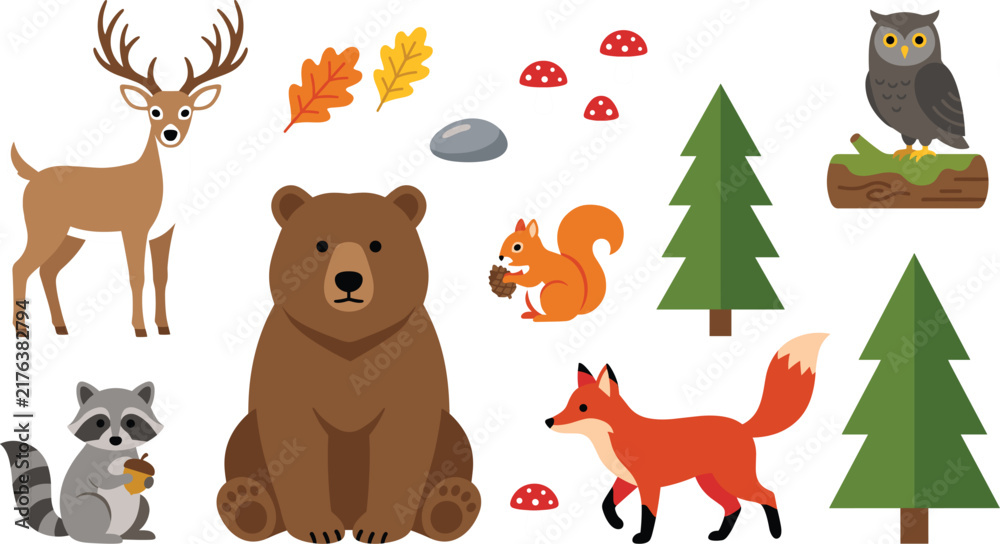 Fototapeta premium Cute Woodland Animals Forest Vector Set Featuring Bear, Deer, Fox, Owl, Raccoon, Squirrel, Pine Trees, Mushrooms, and Autumn Leaves for Children Graphic Design