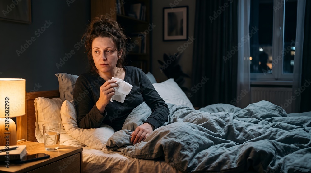 Fototapeta premium Exhausted woman sitting in bed at night holding tissue in dim bedroom, looking unwell and worried beside lamp, glass of water, rumpled blankets, window light, with woman, bed, tissue, sick detail