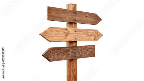 Foto Rustic blank wooden directional signpost isolated on transparent background empt