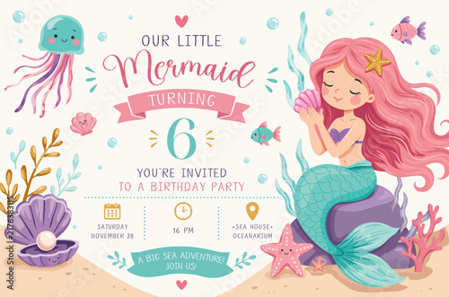 children's nautical-themed birthday invitation template featuring a mermaid and underwater creatures, jellyfish, shells with a pearl, fish, and starfish.