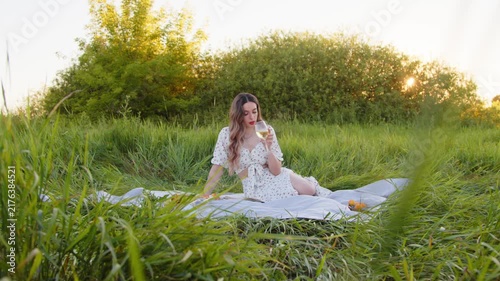A Serene Picnic in Nature with a Woman Enjoying a Refreshing Drink