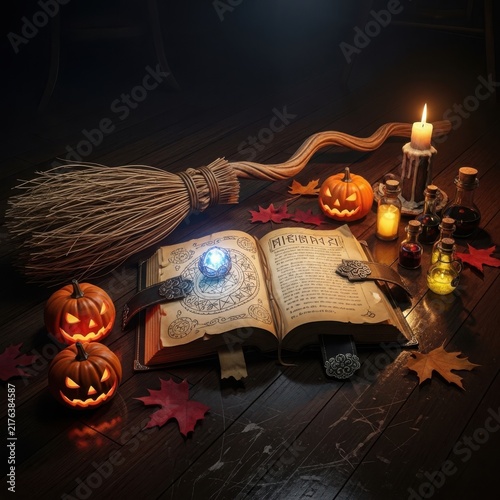Witch's broomstick with spellbook and candles