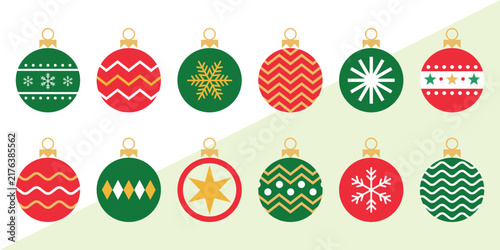 Christmas Ornament Collection with Festive Red and Green Baubles, Snowflake and Star Patterns. Holiday Decoration Vector Set