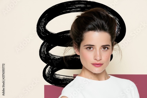 Modern Elegance: Woman with Artistic Spiral Background in Minimalist Setting