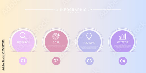 Business Infographic labels with icons and Neomorphism 4 step. Liquid glass and Banner. Vector illustration.