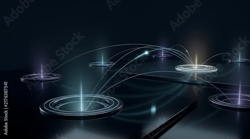 Futuristic digital network connection, glowing fiber optic data transfer on dark background, abstract high-tech communication concept