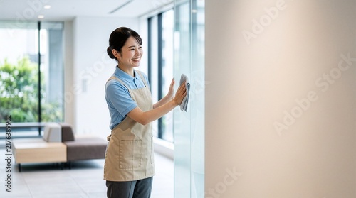 Fototapeta オフィスで窓ガラスを拭く清掃員の女性