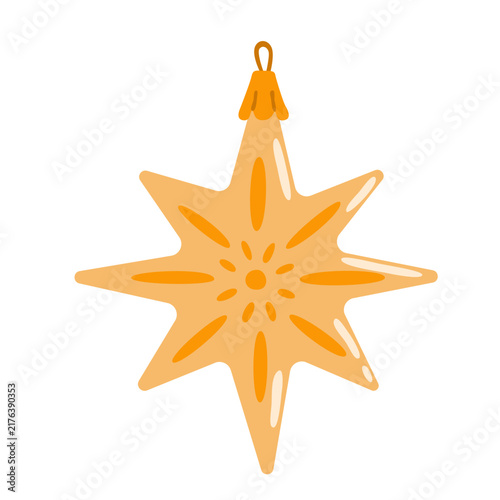 Star Christmas ornament with a decorative sunburst pattern and hanging loop. Flat vector illustration, hand drawn. Simple festive decoration with a playful geometric design.
