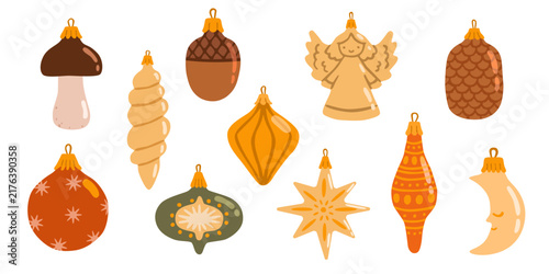 Collection of cute Christmas ornaments in various shapes and decorative patterns. Flat vector illustration, hand drawn. Festive woodland-inspired holiday decoration set.