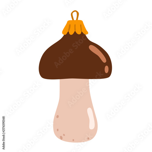 Mushroom Christmas ornament with a rounded cap, stem and hanging loop. Flat vector illustration, hand drawn. Cute festive decoration with a simple woodland design.