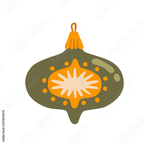 Christmas ornament with a whimsical floral pattern and decorative hanging cap. Flat vector illustration, hand drawn. Cute festive decoration with a simple organic design.