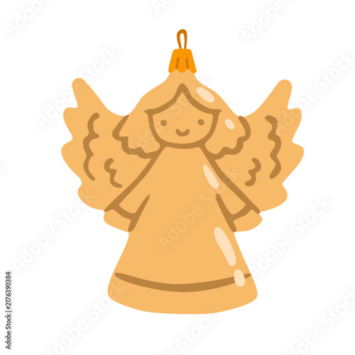 Cute angel Christmas ornament with wings, robe and a hanging loop. Flat vector illustration, hand drawn. Sweet festive decoration with a simple charming design.