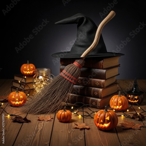 Halloween witch broomstick with carved pumpkins